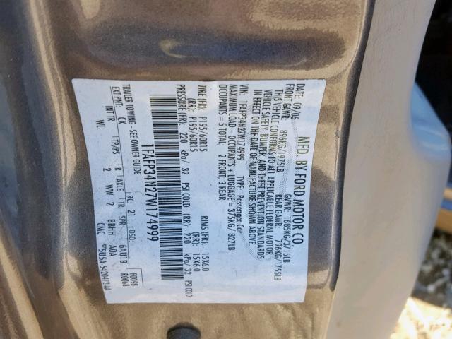 1FAFP34N27W174999 - 2007 FORD FOCUS ZX4 GRAY photo 10