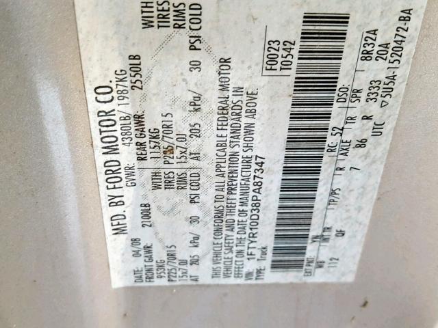1FTYR10D38PA87347 - 2008 FORD RANGER SILVER photo 10