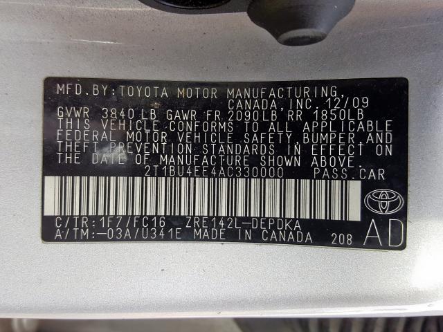 2T1BU4EE4AC330000 - 2010 TOYOTA COROLLA BASE  photo 10