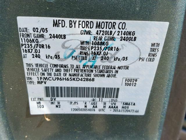 1FMCU96H65KD42868 - 2005 FORD ESCAPE HEV GRAY photo 10