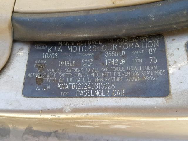 KNAFB121245313928 - 2004 KIA SPECTRA BA CREAM photo 10