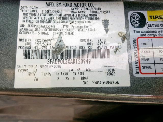 3FADP0L3XAR150949 - 2010 FORD FUSION HYB GRAY photo 10