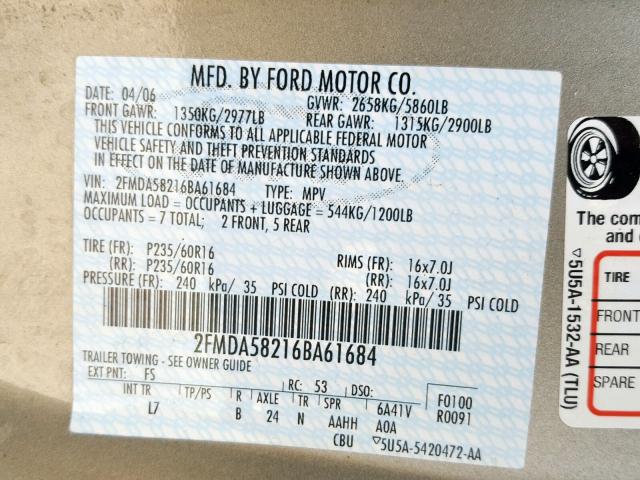 2FMDA58216BA61684 - 2006 FORD FREESTAR L TAN photo 10