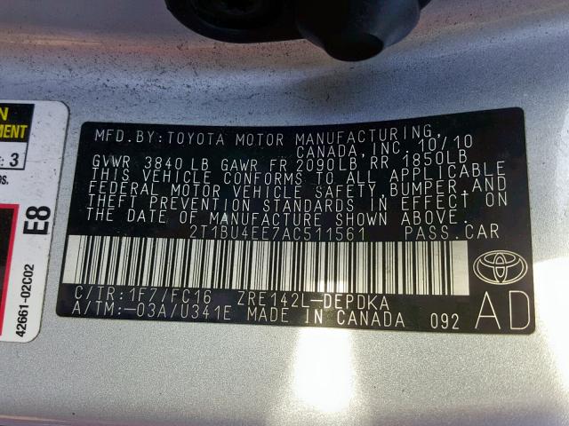 2T1BU4EE7AC511561 - 2010 TOYOTA COROLLA BA SILVER photo 10