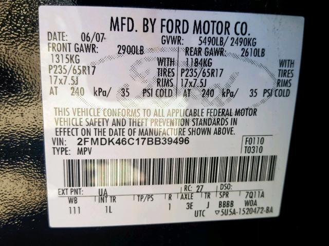 2FMDK46C17BB39496 - 2007 FORD EDGE SE BLACK photo 10