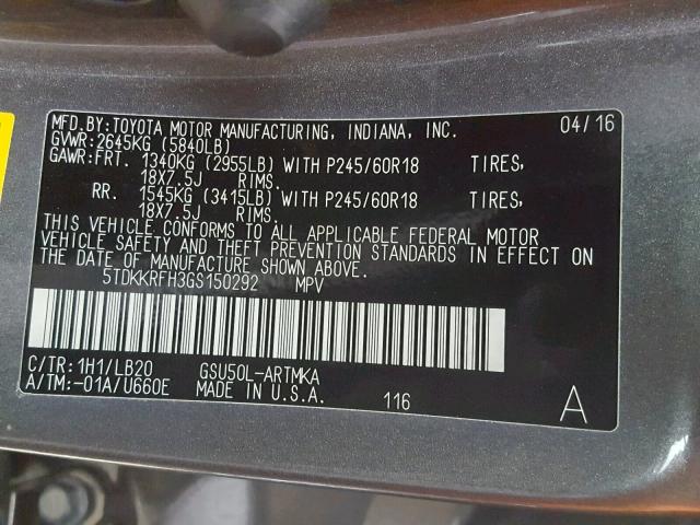 5TDKKRFH3GS150292 - 2016 TOYOTA HIGHLANDER ნაცრისფერი ფოტო 10