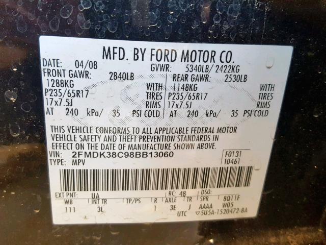 2FMDK38C98BB13060 - 2008 FORD EDGE SEL BLACK photo 10