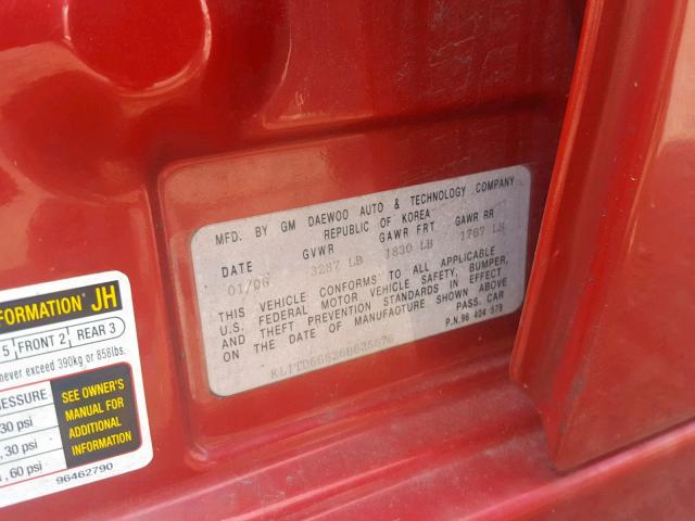 KL1TD66626B635676 - 2006 CHEVROLET AVEO BASE Қызыл фото 10