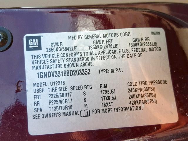 1GNDV33188D203352 - 2008 CHEVROLET UPLANDER L მუქწითელი ფოტო 10