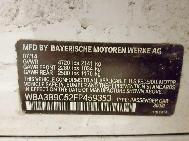 WBA3B9C52FP459353 - 2015 BMW 335 XI WHITE photo 10