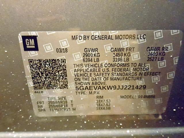 5GAEVAKW9JJ221429 - 2018 BUICK ENCLAVE ES GRAY photo 10