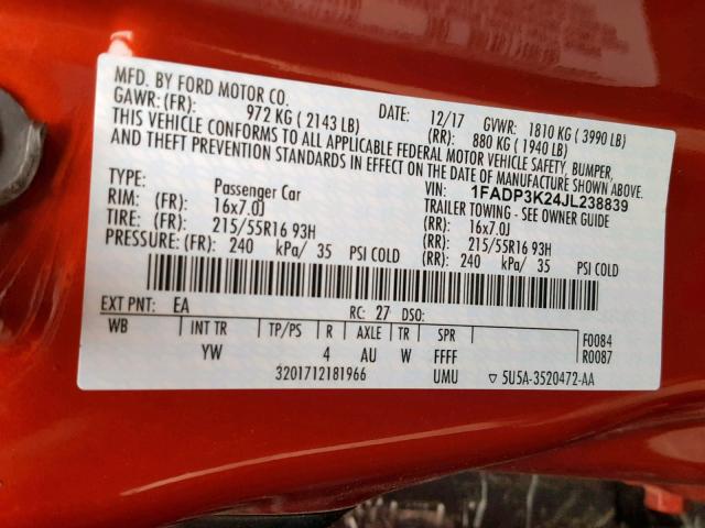 1FADP3K24JL238839 - 2018 FORD FOCUS SE RED photo 10