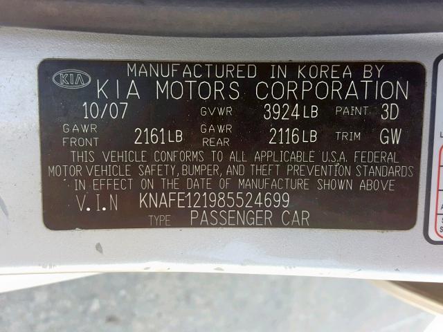 KNAFE121985524699 - 2008 KIA SPECTRA EX SILVER photo 10