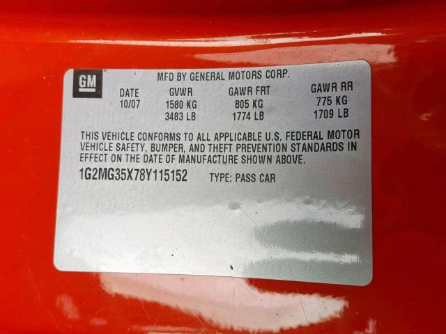 1G2MG35X78Y115152 - 2008 PONTIAC SOLSTICE G ORANGE photo 10