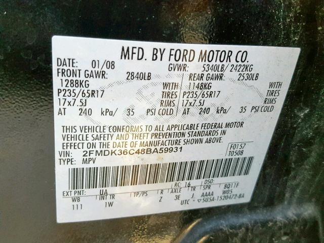 2FMDK36C48BA59931 - 2008 FORD EDGE SE BLACK photo 10