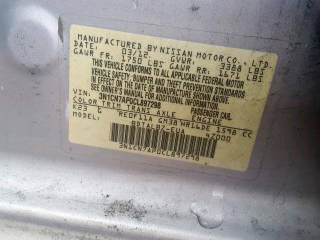 3N1CN7AP0CL897298 - 2012 NISSAN VERSA S SILVER photo 10