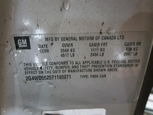 2G4WD552571190071 - 2007 BUICK LACROSSE C SILVER photo 10