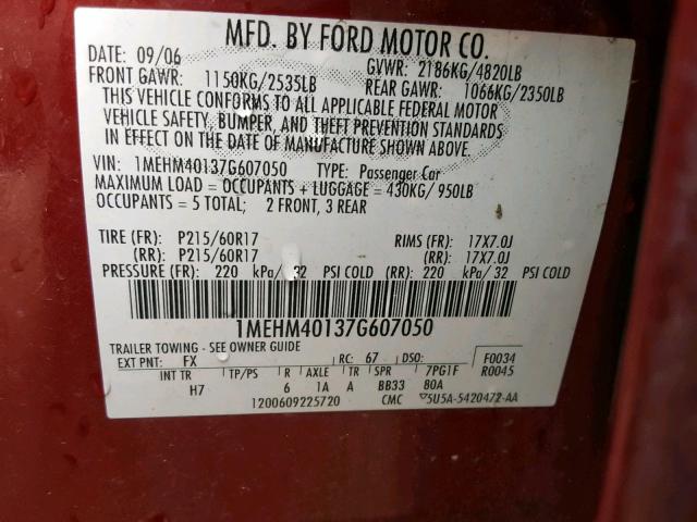 1MEHM40137G607050 - 2007 MERCURY MONTEGO LU BURGUNDY photo 10