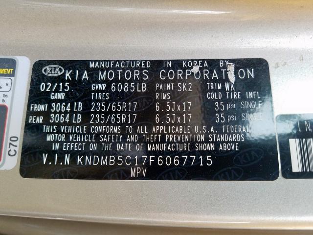 KNDMB5C17F6067715 - 2015 KIA SEDONA LX  photo 10