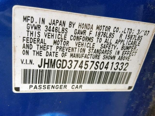 JHMGD37457S041332 - 2007 HONDA FIT BLUE photo 10