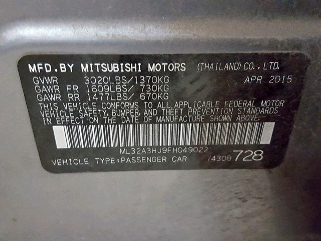 ML32A3HJ9FH049022 - 2015 MITSUBISHI MIRAGE DE CHARCOAL photo 10