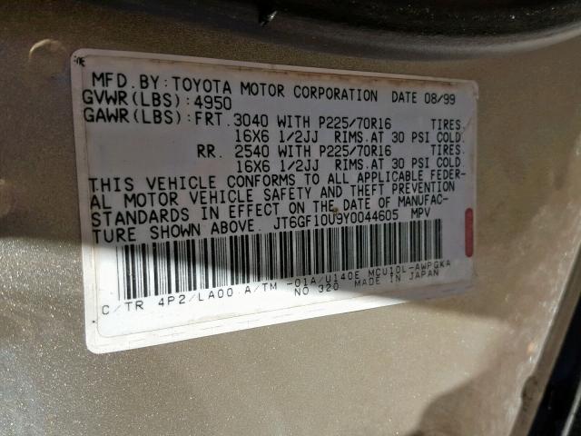 JT6GF10U9Y0044605 - 2000 LEXUS RX 300 GOLD photo 10