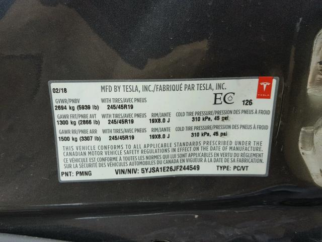 5YJSA1E26JF244549 - 2018 TESLA MODEL S GRAY photo 10