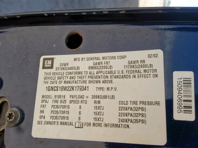 1GNCS18W22K179341 - 2002 CHEVROLET BLAZER BLUE photo 10