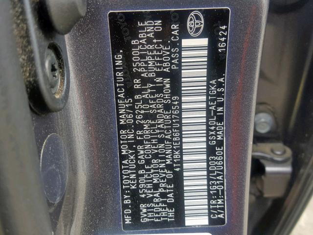 4T1BK1EB6FU176549 - 2015 TOYOTA AVALON XLE GRAY photo 10