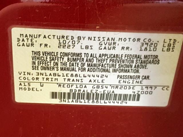 3N1AB61E88L644424 - 2008 NISSAN SENTRA 2.0 RED photo 10