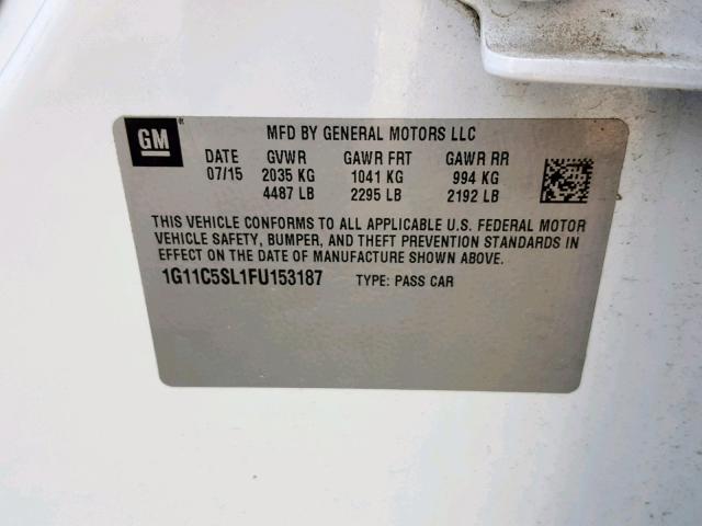 1G11C5SL1FU153187 - 2015 CHEVROLET MALIBU 1LT WHITE photo 10