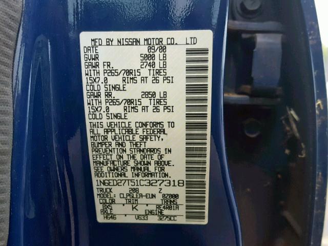 1N6ED27T51C327318 - 2001 NISSAN FRONTIER C BLUE photo 10