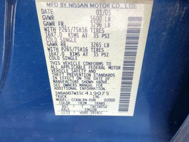 1N6AD07W15C419075 - 2005 NISSAN FRONTIER C BLUE photo 10