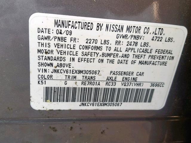 JNKCV61EX9M305067 - 2009 INFINITI G37 BASE SILVER photo 10