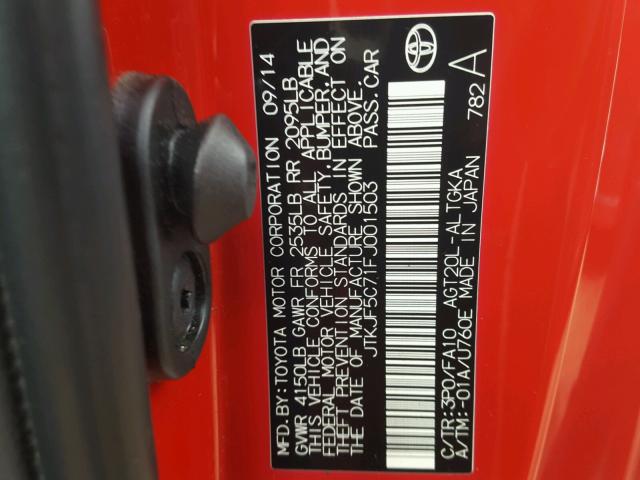 JTKJF5C71FJ001503 - 2015 TOYOTA SCION TC 红色 照片 10