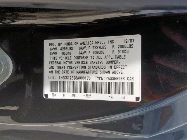 1HGCS12328A009178 - 2008 HONDA ACCORD LX- BLACK photo 10