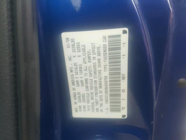 1HGCS12808A009756 - 2008 HONDA ACCORD EXL BLUE photo 10