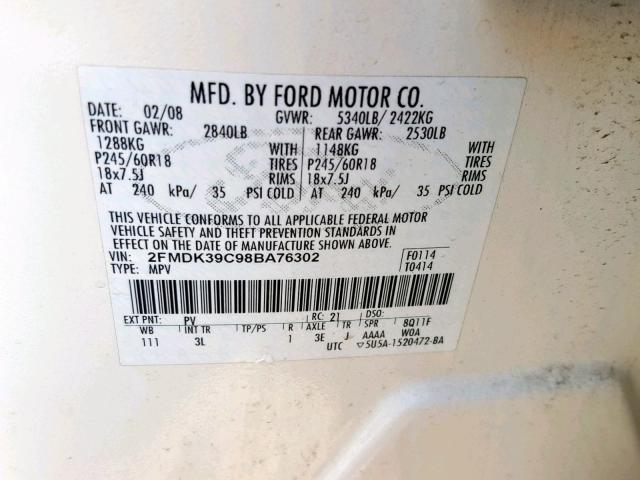 2FMDK39C98BA76302 - 2008 FORD EDGE LIMIT WHITE photo 10