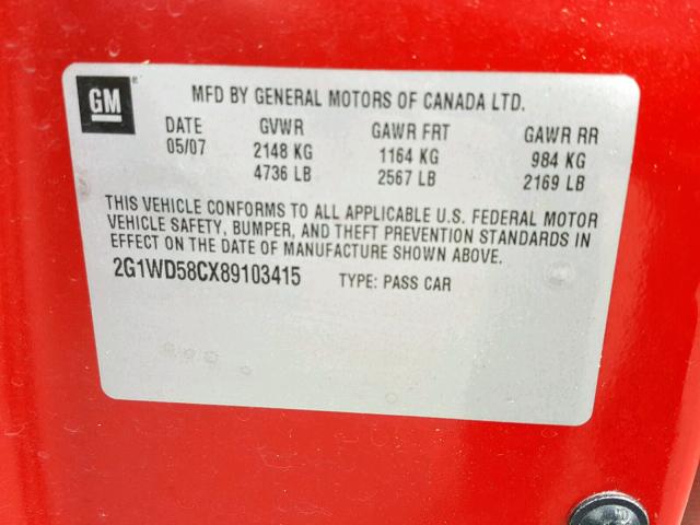 2G1WD58CX89103415 - 2008 CHEVROLET IMPALA SUP წითელი ფოტო 10