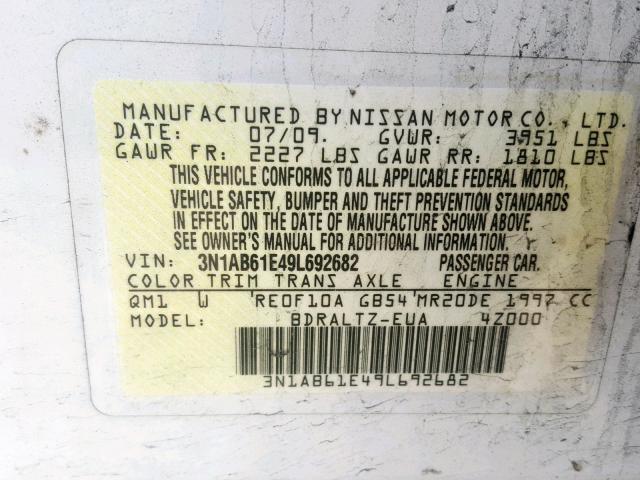 3N1AB61E49L692682 - 2009 NISSAN SENTRA 2.0 WHITE photo 10