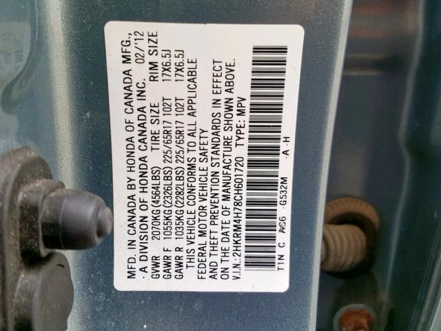 2HKRM4H78CH601720 - 2012 HONDA CR-V EXL TEAL photo 10