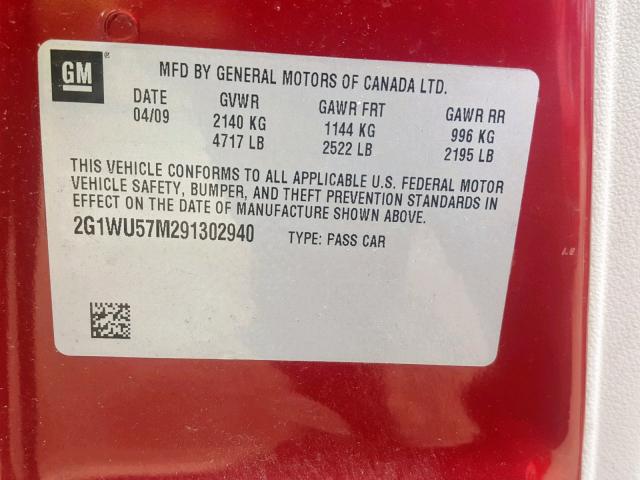 2G1WU57M291302940 - 2009 CHEVROLET IMPALA LTZ RED photo 10