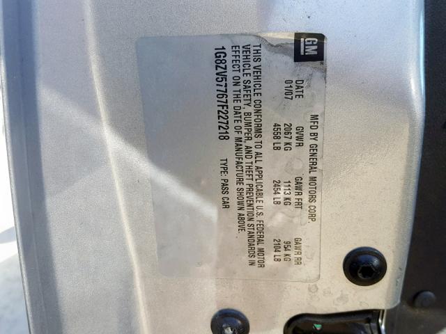 1G8ZV57767F227218 - 2007 SATURN AURA XR SILVER photo 10