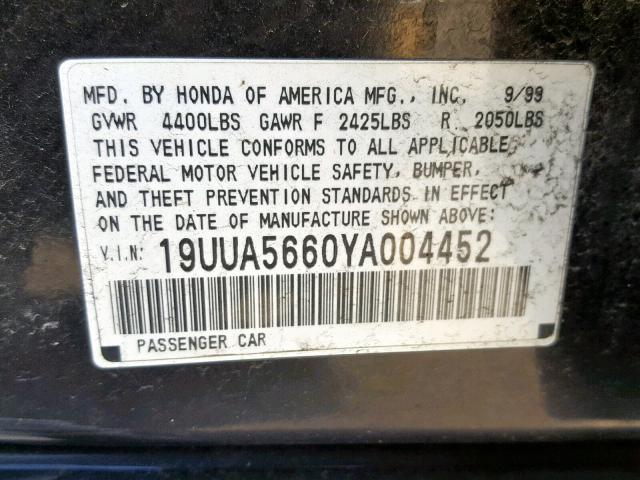 19UUA5660YA004452 - 2000 ACURA 3.2TL BLACK photo 10