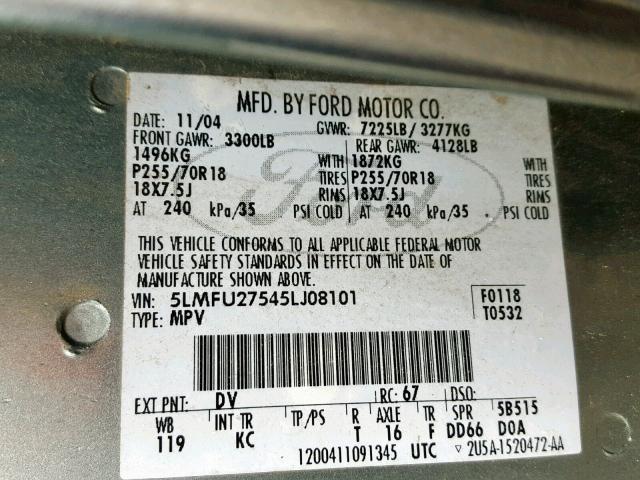 5LMFU27545LJ08101 - 2005 LINCOLN NAVIGATOR 绿色 照片 10