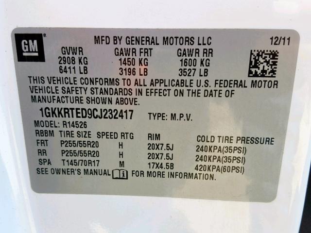 1GKKRTED9CJ232417 - 2012 GMC ACADIA DEN WHITE photo 10