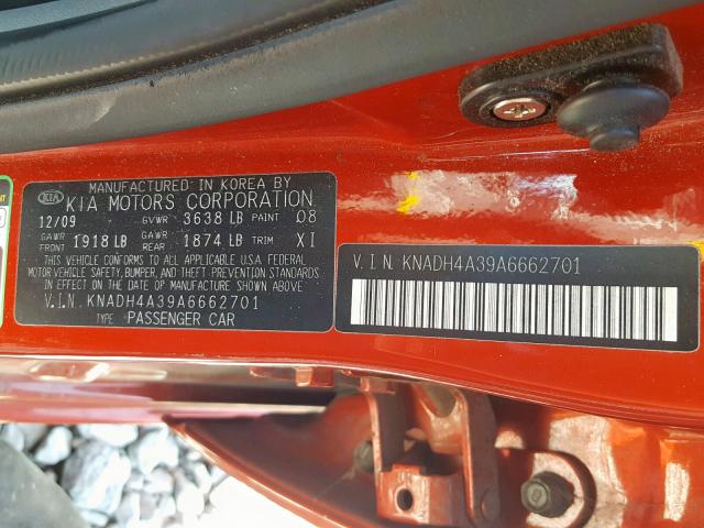 KNADH4A39A6662701 - 2010 KIA RIO LX ORANGE photo 10