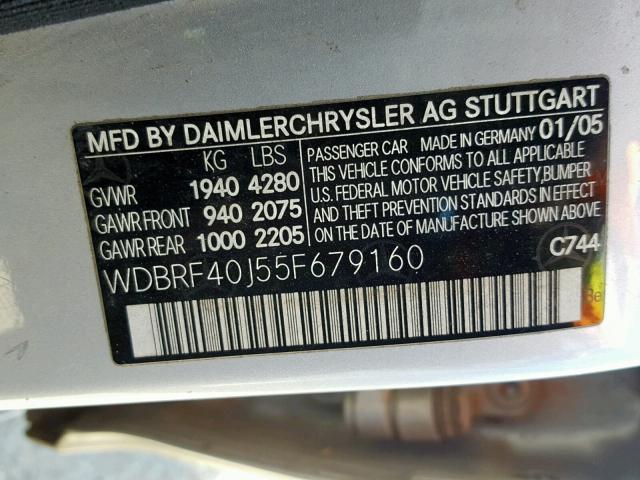 WDBRF40J55F679160 - 2005 MERCEDES-BENZ C 230K SPO SILVER photo 10