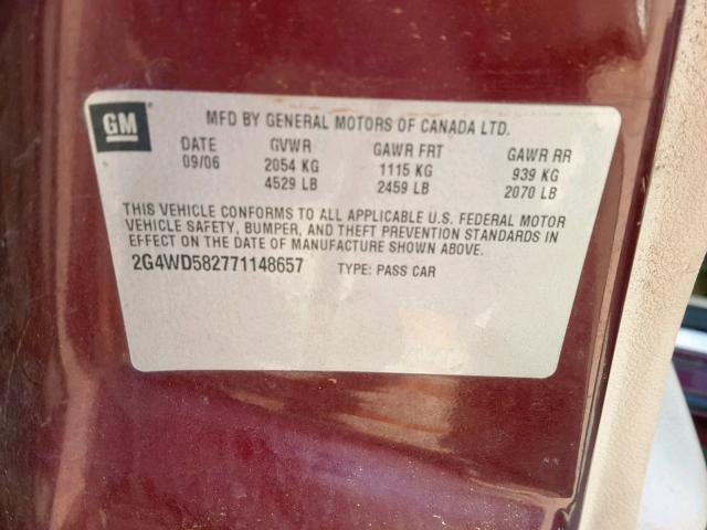 2G4WD582771148657 - 2007 BUICK LACROSSE C MAROON photo 10