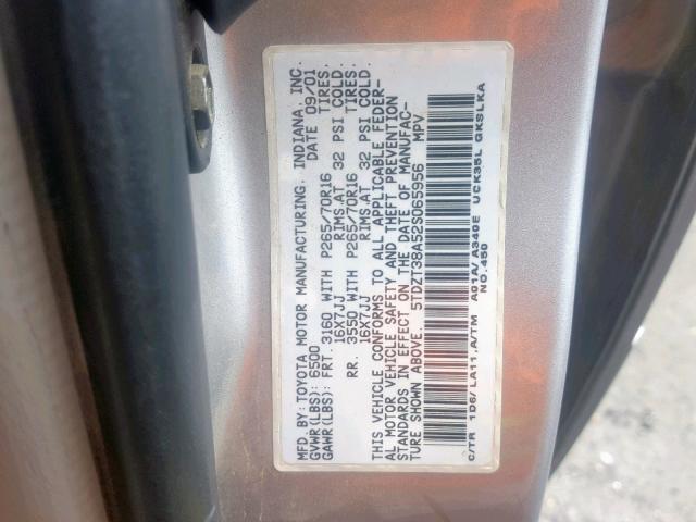 5TDZT38A52S065956 - 2002 TOYOTA SEQUOIA LI SILVER photo 10